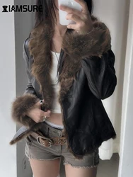 IAMSURE Casual Patchwork Fur Trim Pu Leather Jackets Slim Turn-Down Collar Single Button Long Sleeve Coats Women 2024 Winter