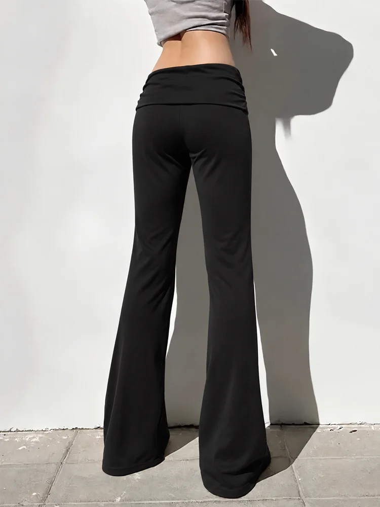 Fold Over Waistband Flared Pants Women High Waist Stretchy Comfy Black Grey Solid Color Casual Lounge Y2K Coquette Trousers Hot