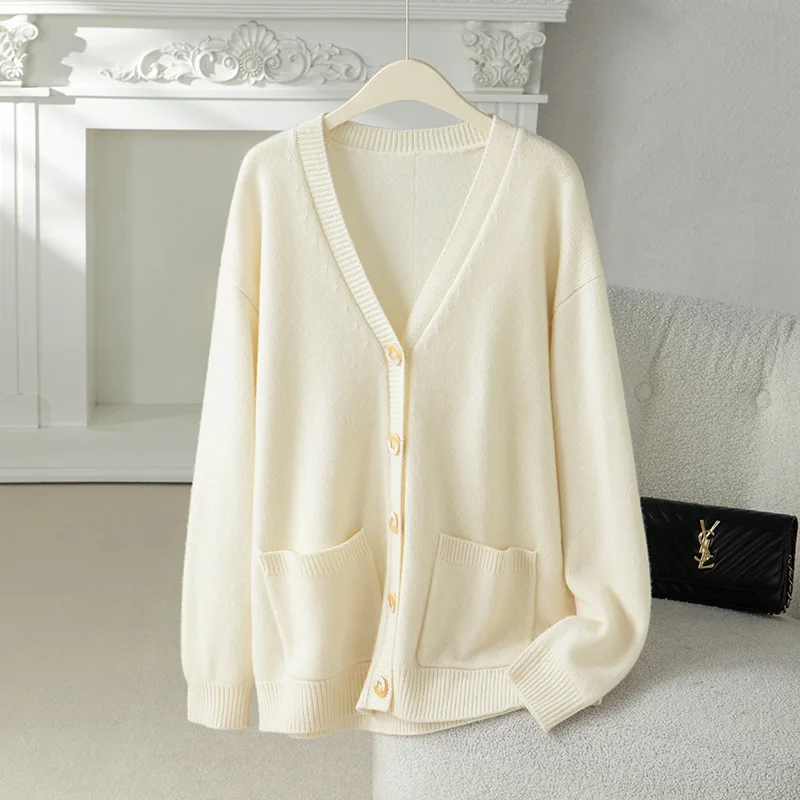 

Женский кардиган из чистой шерсти большого размера с V-образным вырезом, зимняя теплая вязаная куртка