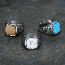 Fashion Square Turquoise Stone Men Ring Vintage Titanium Stainless Steel Seal Rings Punk Hiphop Male Finger Jewelry Gift