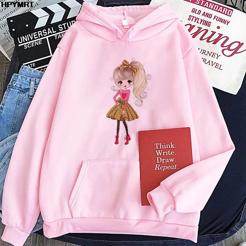 New Ladies and girl cute cartoon Graphics pullover Balloon little girl printing White pink Casual comfortable Kawaii Hooded Tops