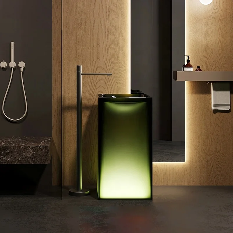 Modern Design Transparent Marble Bathroom Basin Sink Solid Surface Free Stand Pedestal for Villa with Drainer Accessory