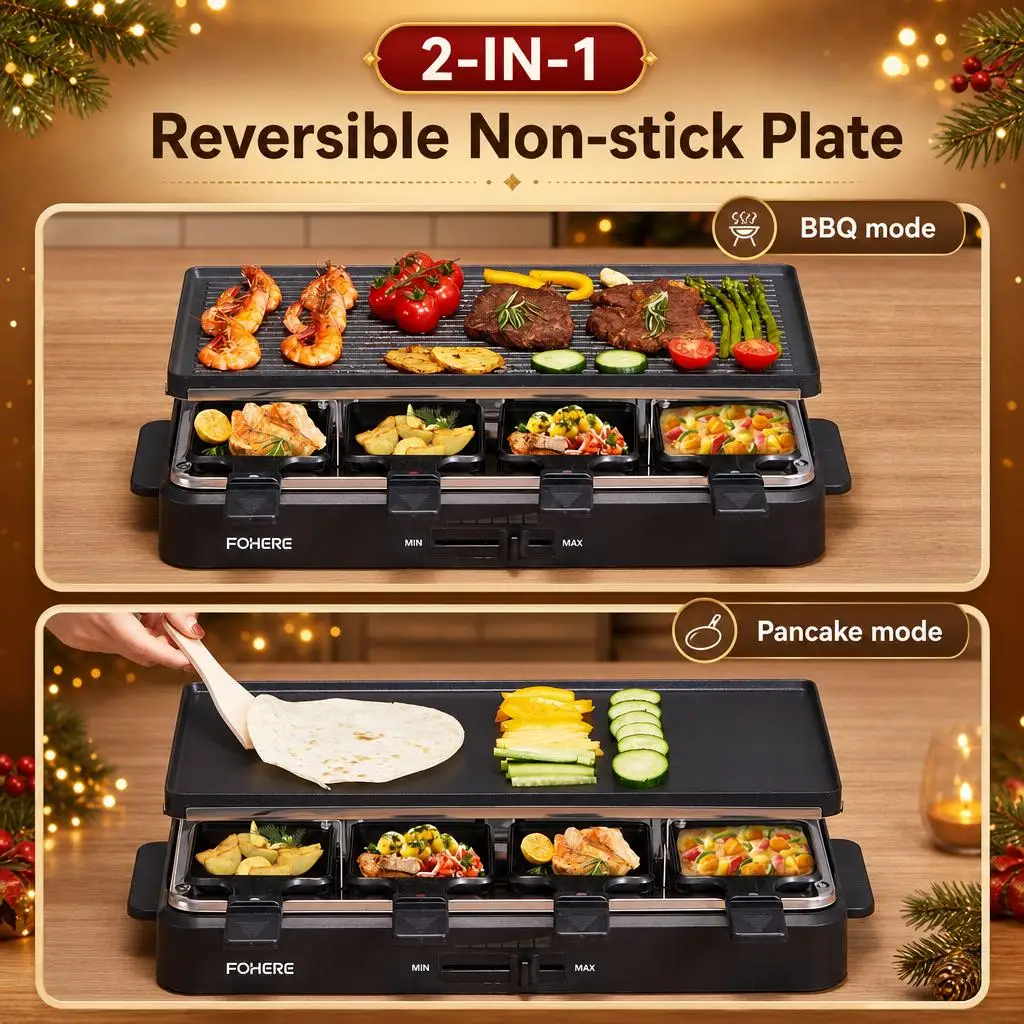 1500W Electric Raclette Grill Indoor Korean BBQ Machine 2 in 1 Reversible Non-stick Griddle Teppanyaki Cheese Melter 8 Pans