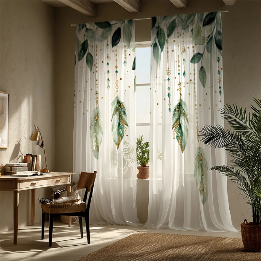 2PCS Digital Printed Sheer Curtain, Green Branch Golden Feather, Elegant Luxe Botanical Boho for Living Room Bedroom Home Decor