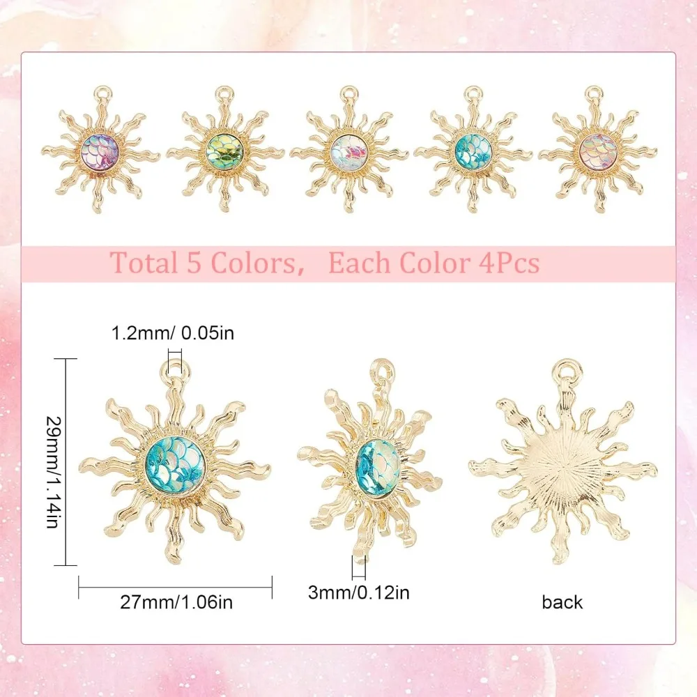 1 Box 20Pcs 5 Colors Sun Charms Sun Charm Bulk Mermaid Fish Dragon Scale Charm Ocean Hawaii Style Celestial Charm for Jewelry