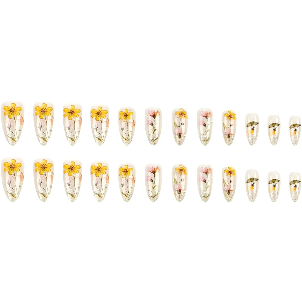 24 pezzi 2025 fiori adesivo riutilizzabile stampa su unghie acriliche glitter perle punte per unghie per unghie unghie finte con design all'ingrosso