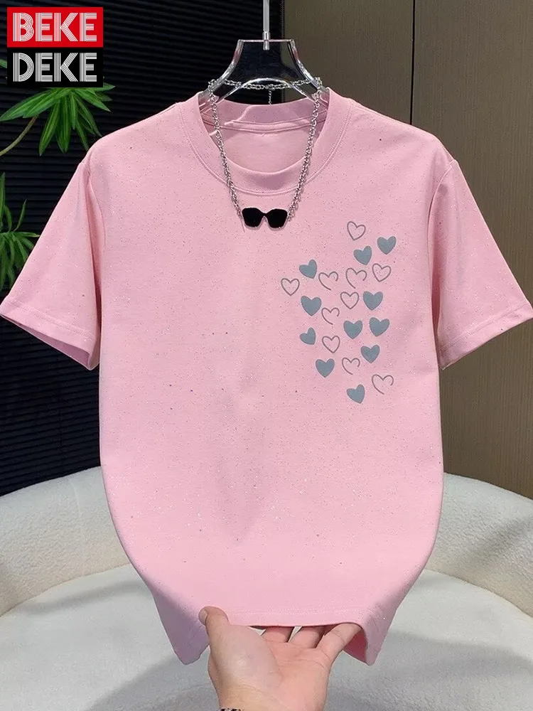 

Fashion Heart Printed T Shirt Men Summer Short Sleeve Loose Fit Casual Tees Top Shiny O Neck Pullover T Shirts Streetwear Male