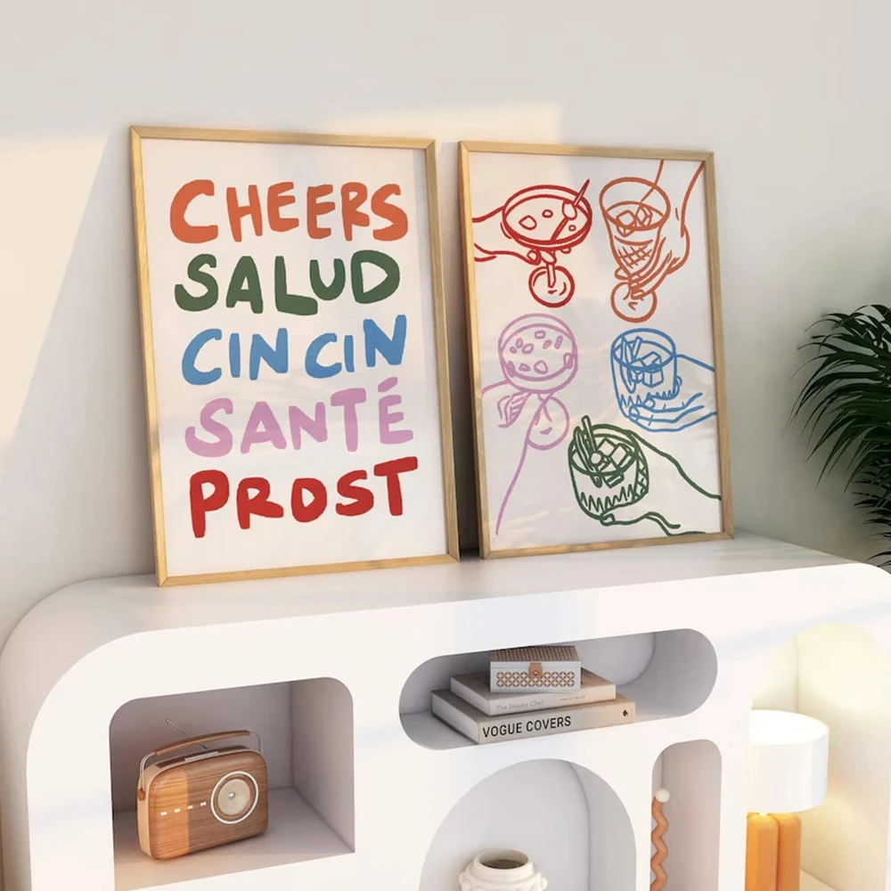 

2pcs Retro Trendy Wine Spirits Paintings Colorful Toasts and Cocktail Printed Canvas Wall Art Bedroom Living Room Home Decoratio