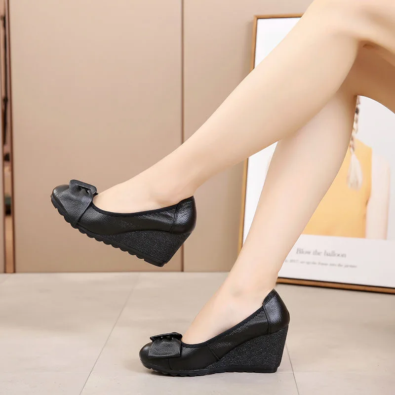 Genuine Leather 7cm High Heels Women Wedge Shoes Elegant Ladies Wedges Heeled Shoes Black Beige Soft Comfortable A1551