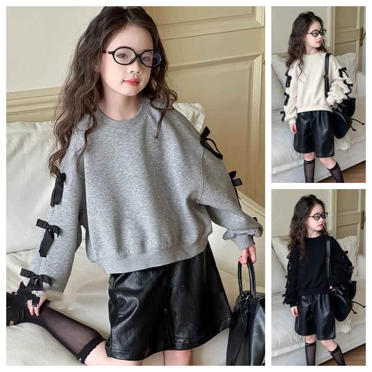 2026 Girls Sweatshirt Autumn and Winter New Style Girls' Puff Sleeved T-shirt Top Bow Fashion Outerwear Coat Baby Girl Clothes