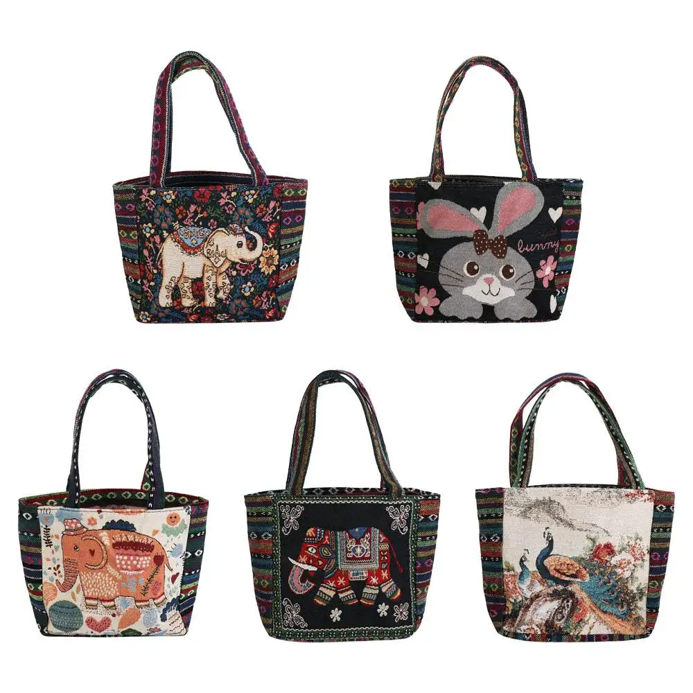 

Portable Embroidery Elephant Ethnic Style Handbag Peacock Rabbit Canvas Tote Bag Canvas Animal Handbag Storage Bag