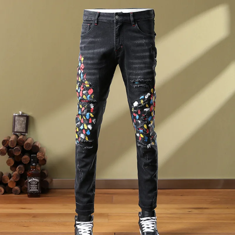 2023 Men Colorful Splash Ink Trousers Slim Fit Jean High Street Hip Hop Jeans Skinny Jeans For Men Motorcycle Pants Jean Pant