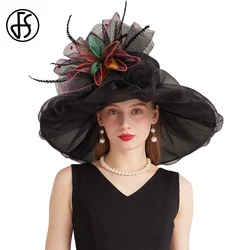 FS Wide Brim Organza Cap Female Kentucky Derby Hats For Women With Mesh Feather Flower Millinery Wedding Bride Dress Fedora 2024