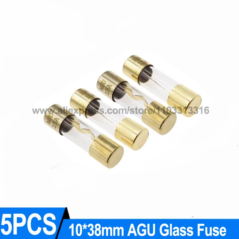 5PCS 10*38MM Gold Plated Glass AGU Fuse 10A 15A 20A 25A 30A 40A 50A 60A 70A 80A 100A Car Audio Amp Amplifier Car Fuse