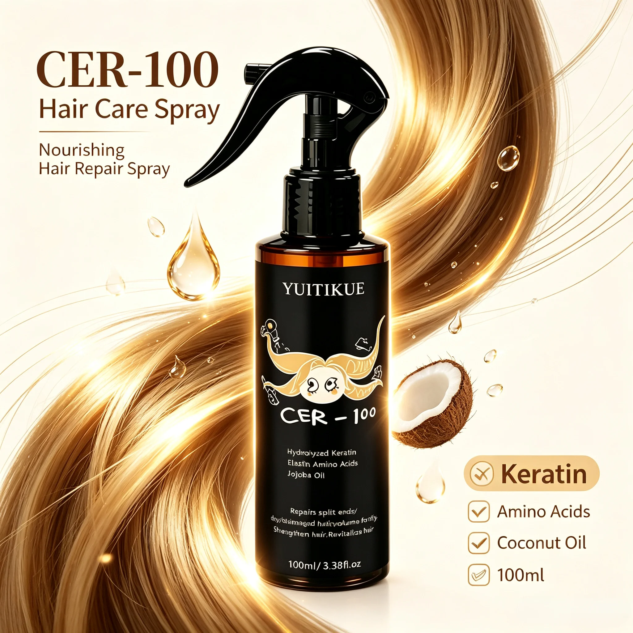 YUITIKUE CER-100 Revitalizing Hair Spray Nourish Split Ends Strengthen Hair Volume Fortify Daily Household Hair Care 100ml