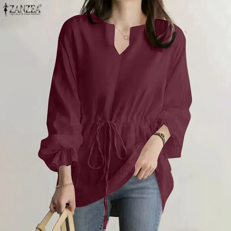 

Woman Solid Color Long Sleeve Blouses U-Neck Drawstring Waist Casual Tunic Tops ZANZEA Spring Summer Day Wear Blusas de Mujer