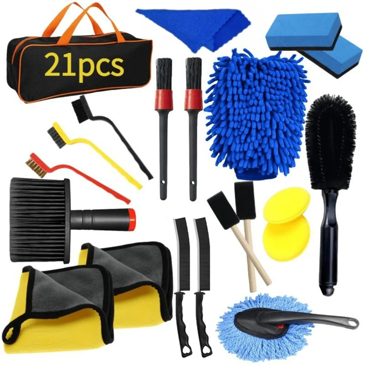 21pcs Car Cleaning Kit Storage Bag Wheel Brush Wax Mop Dust Brush Chenille Gloves Towel Sponge Uses For Cars Motorcycles