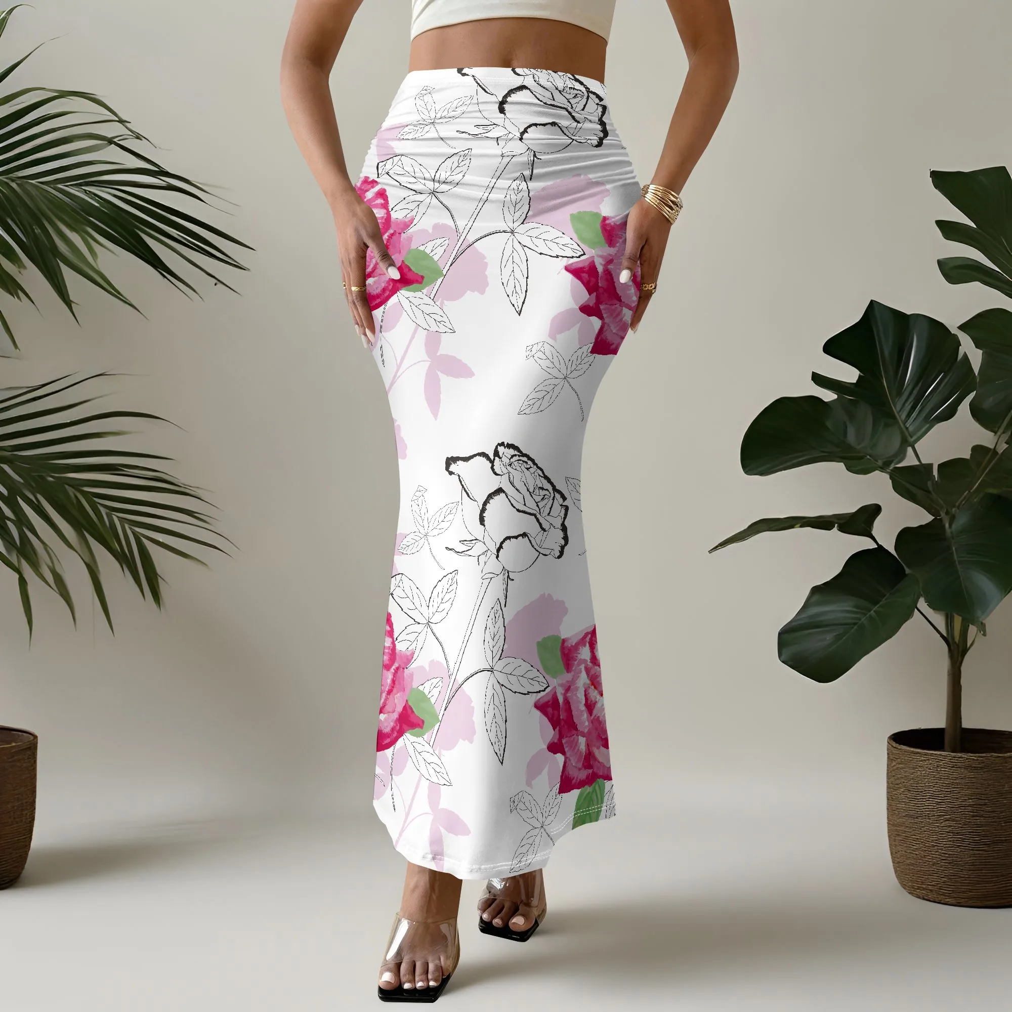 Floral Mermaid Skirt, Pink Rose Print Midi Skirt, Ruched Waist Bodycon Skirt, Summer Beach Party Wear, S-2XL