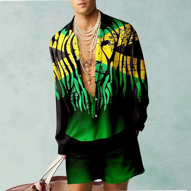 Fashion Pattern Print Mens Two Piece Sets Beach Style Summer Casual Wear Men Short-sleeved Button Lapel Shirt And Shorts Outfits