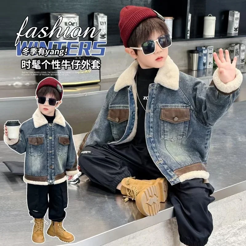 

Boys' Korean Version Velvet Denim Jacket 2025 Autumn and Winter New Item Girls' Warm Color Blocked Thick Top For 2-10 Years old
