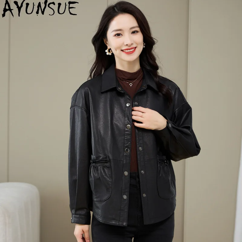 AYUNSUE จริงหนังแจ็คเก็ตผู้หญิงหนังแกะแท้สตรีเสื้อฤดูใบไม้ผลิฤดูใบไม้ร่วงเสื้อผ้าผู้หญิง 2025 ใหม่ในเสื้อ Jaqueta De Couro