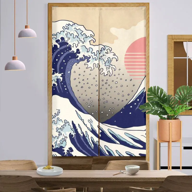 VIKAMA Retro Wave Half-Door Curtain, Ukiyo-e Fabric Room Divider, Entryway Decorative Hanging Ornament, Home Decor