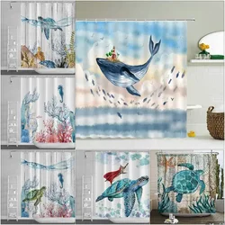 Fun Cartoon Sea Animal Shower Curtain, Sea Turtle Octopus Jellyfish Whale Crab Sea Life Landscape, Bathroom Shower Curtain Set