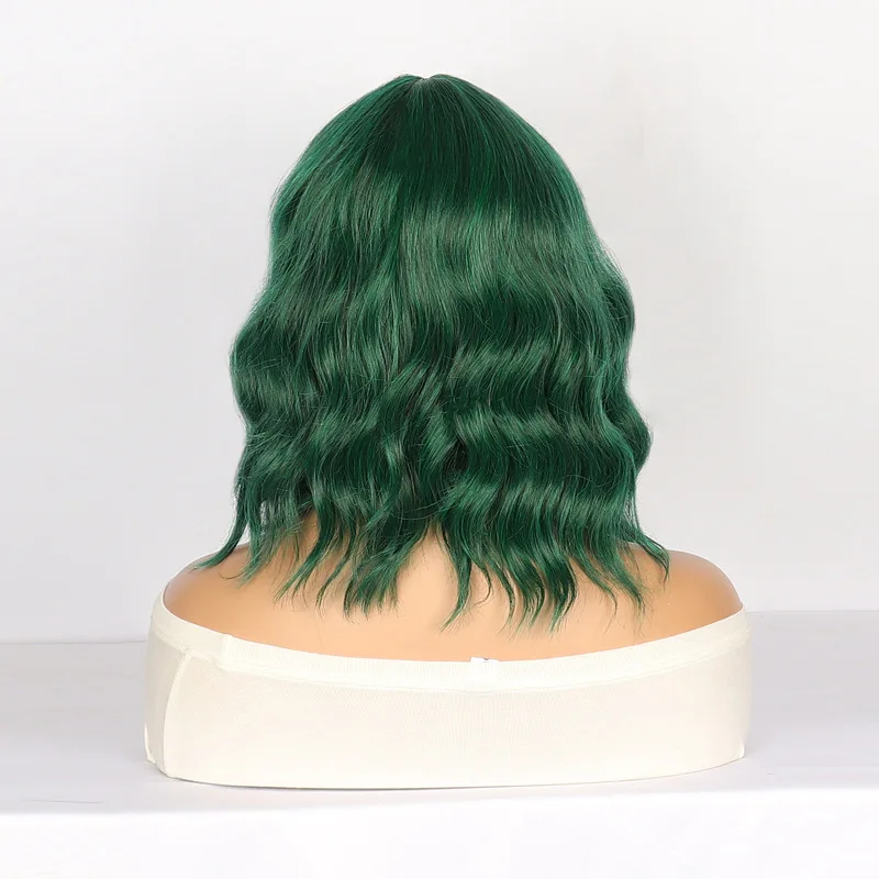 Peluca de cabello rizado verde corto para mujer europea y americana con flequillo de ondulación, diademas de fibra sintética