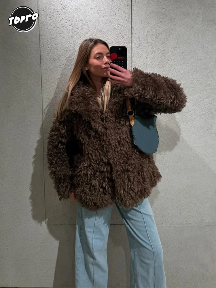 

Women Warm Loose Curly Fur Coat Dark Brown Unique Lapel V-neck Jackets 2025 Lady New Fashion Casual Daily Highstreet Outerwear