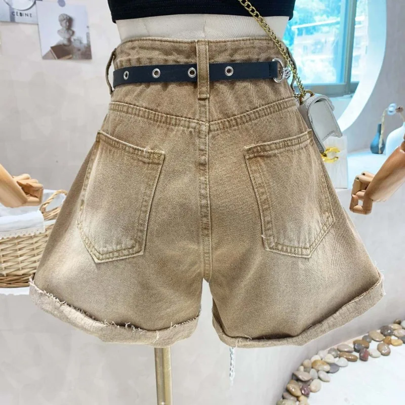 Denim Shorts Women Ripped Raw Edge Designed Punk Style High Waist Summer A-line Cool Girls Loose Wide Leg Trousers Streetwear