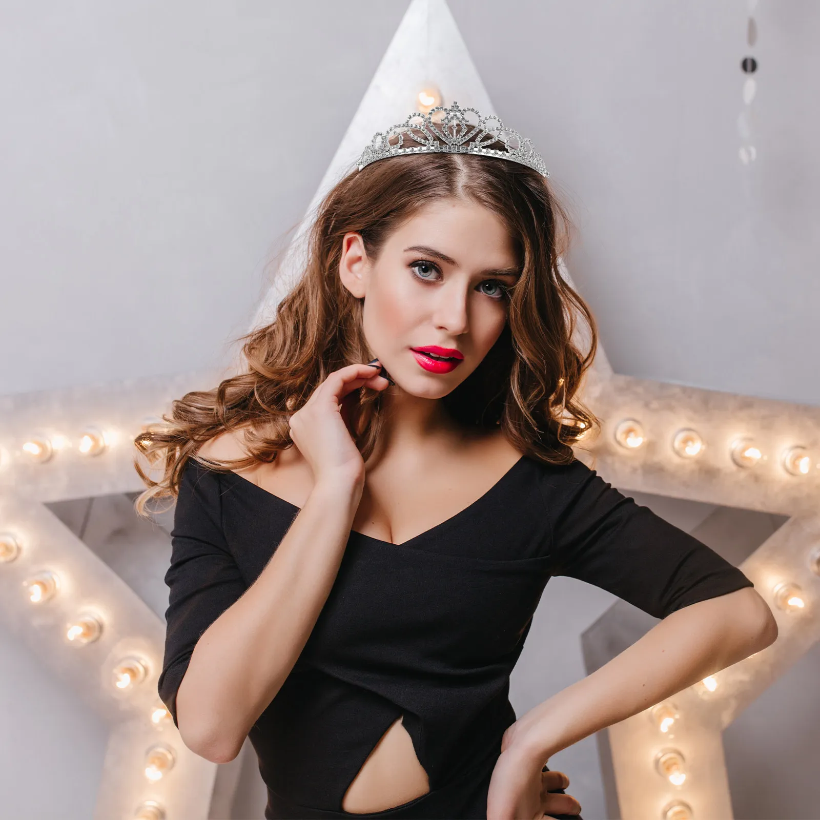 

New Year Crown Headpiece Silver 15.4 Inch Alloy Rhinestone Bridal Tiara For Wedding Party Bride Hair Loop Hair Styling