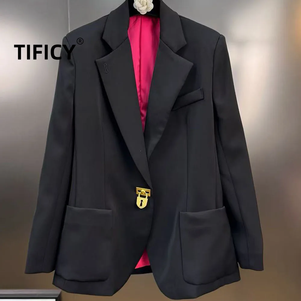 

High Street Blazers Women's Spring Fashion Atmosphere Commuter Style Suit Coat Heavy Duty Metal Button Decoration Suits