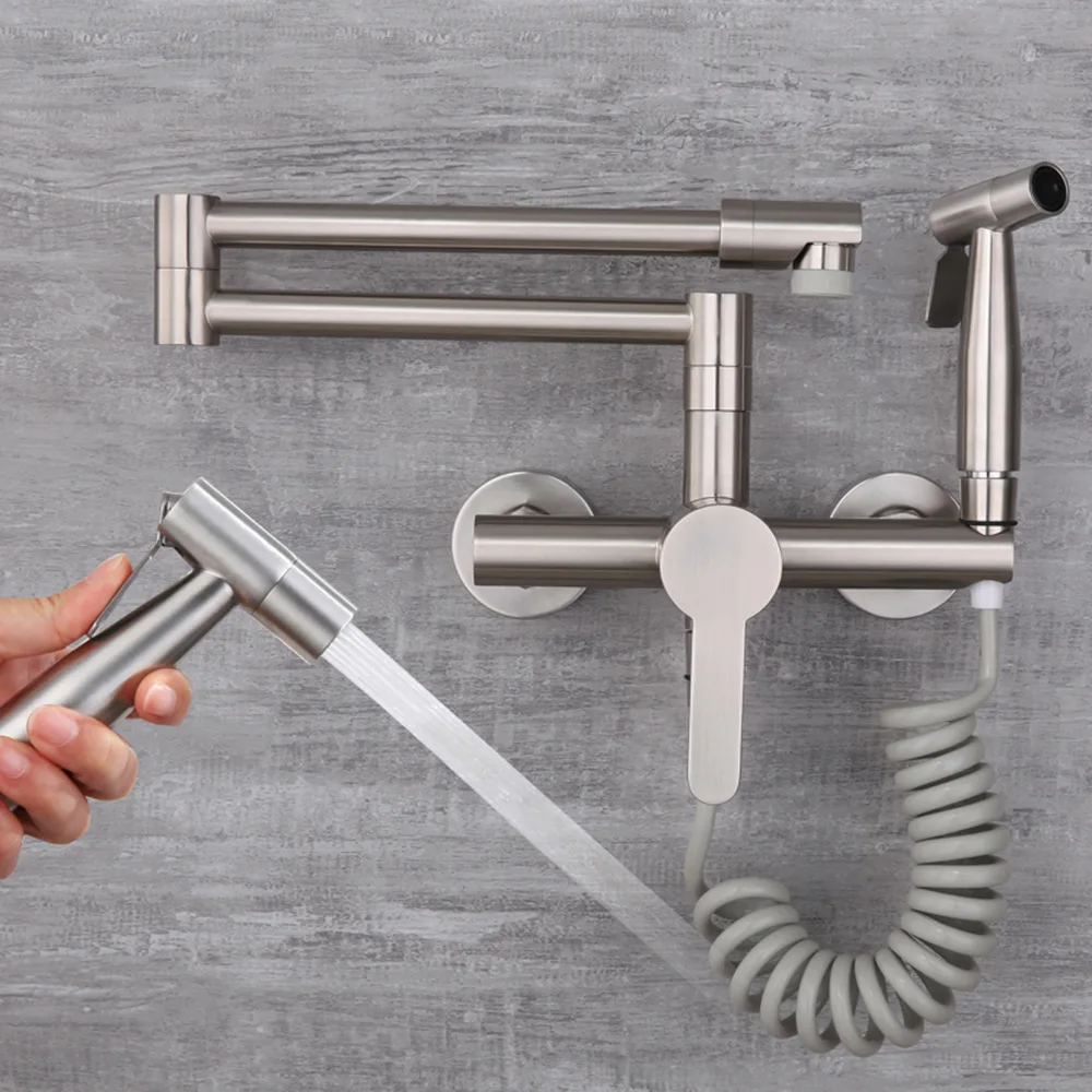 Wall-mounted 304 stainless steel multi-functional folding spray gun with pressure protection and splash-proof kitchen faucet