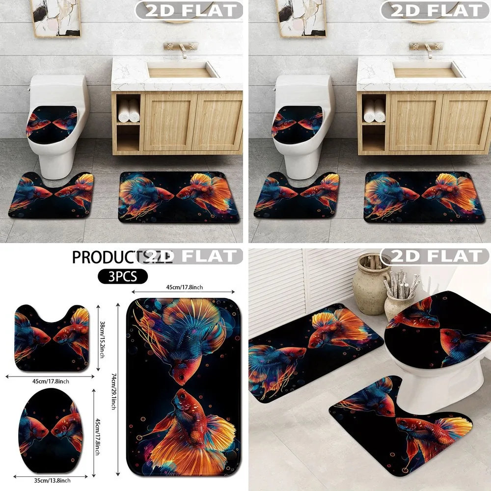 

2D Flat 3pcs Bathroom Rug Set Colorful Fish on Black Background Non-Slip Washable Bath Mats for Bathroom Kitchen Bedroom Decor