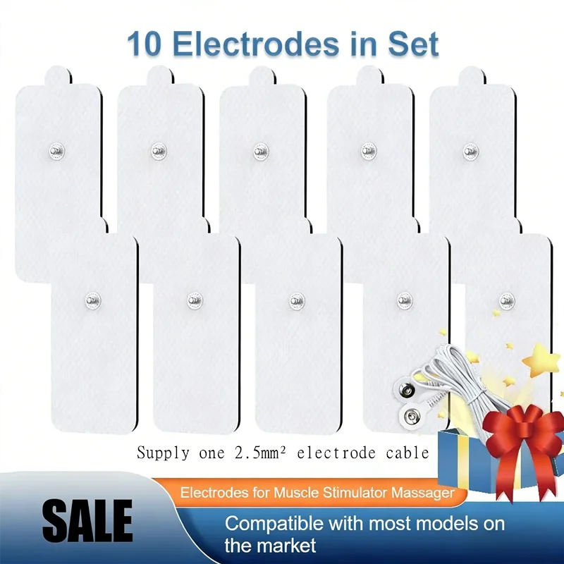 Electrodes for muscle stimulation massagers, 10 x 5 cm, pack of 10, with one 2.5 mm cable included.