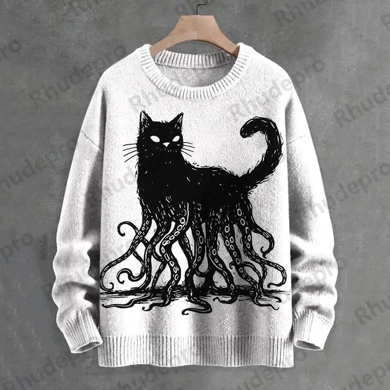 2027 Men's Retro Egypt Black Cat DJ Plays Discs UFO Sci-Fi Art Print Knit Sweatshirt Women For Men Sweater