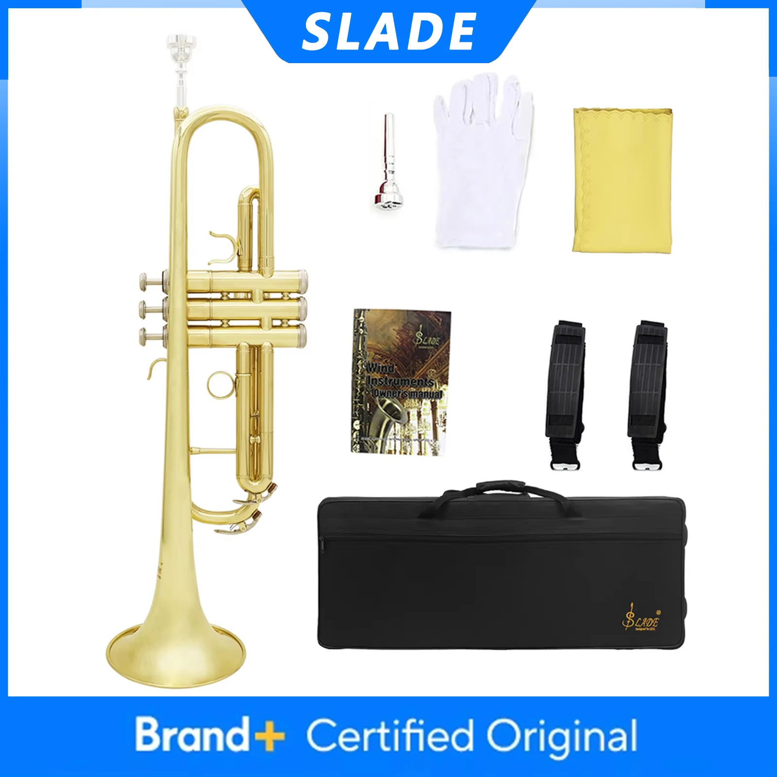 

Тромбон SLADE Bb (Си-бемоль) из латуни, золотистый, профессиональный, с чехлом, перчатками и салфеткой для чистки