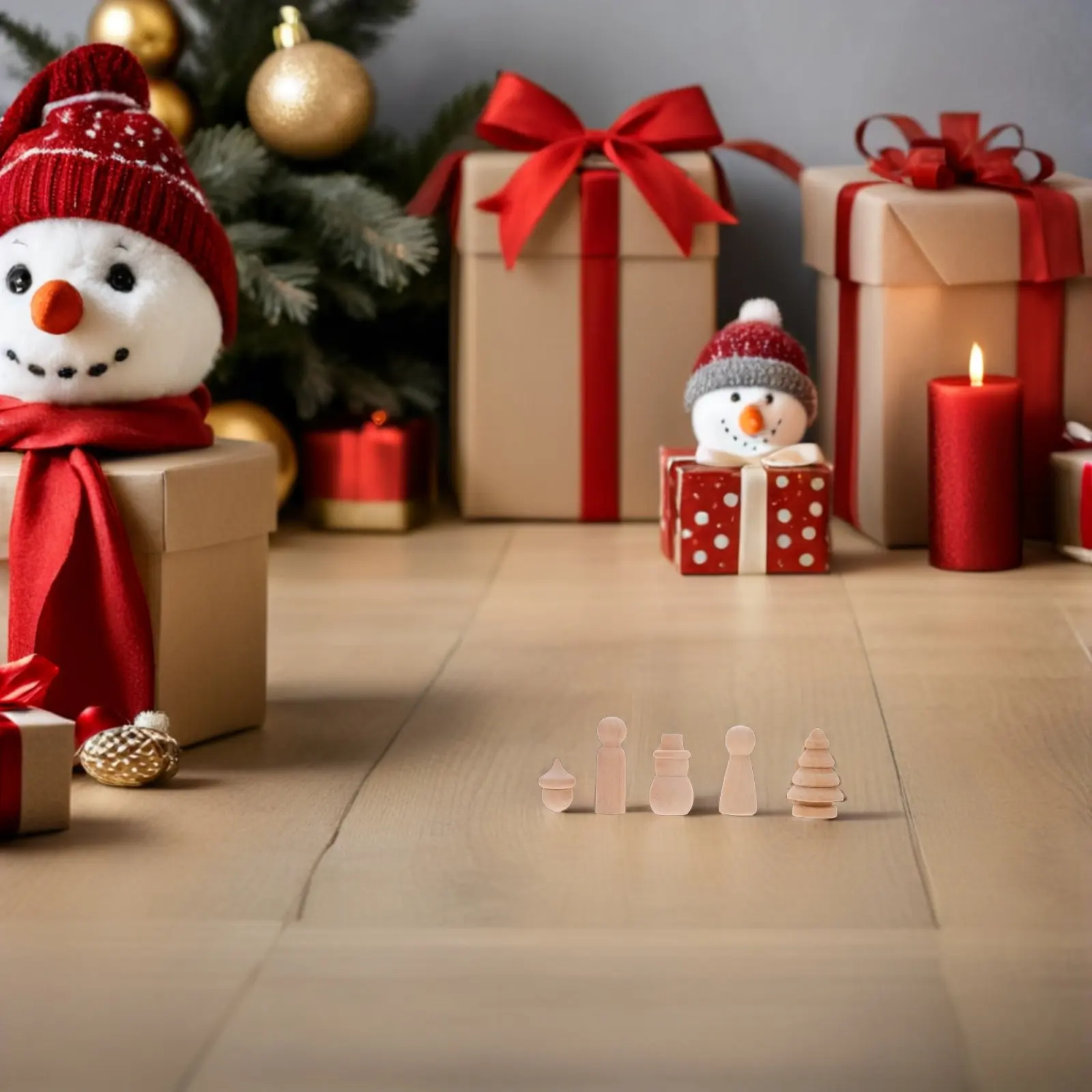 30Pcs Christmas Wooden Peg People Natural Unfinished Snowman Pine Cone Tree Shapes Blank Figures DIY Holiday Crafts Decoration