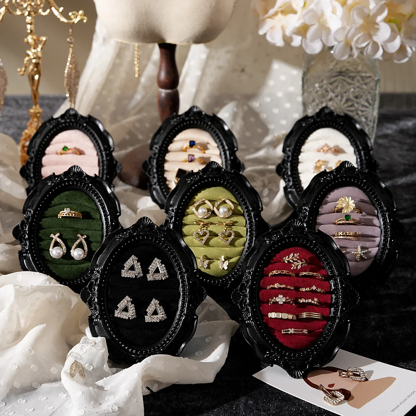 Retro Black Framed Ring Plates Storage Trays Jewelry Ring Earrings Organizer Stand Decor Stand Shooting Props Household Ornament