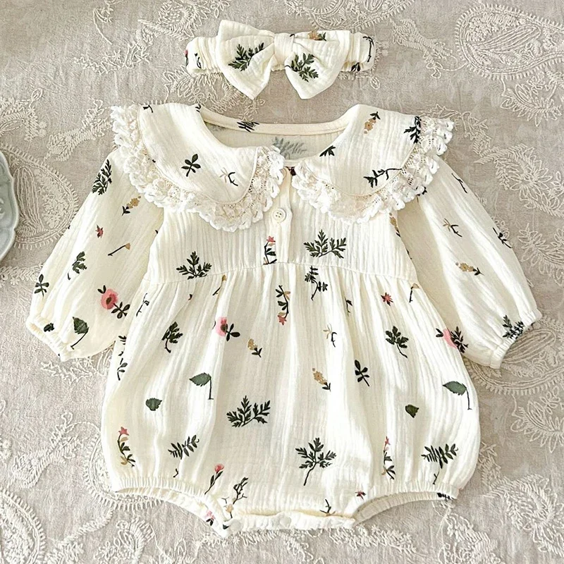 2024 New Autumn Newborn Baby Girls Bodysuits+Hair band Long Sleeved Cotton Print Infant Baby Girls Jumpsuit Children Clothes