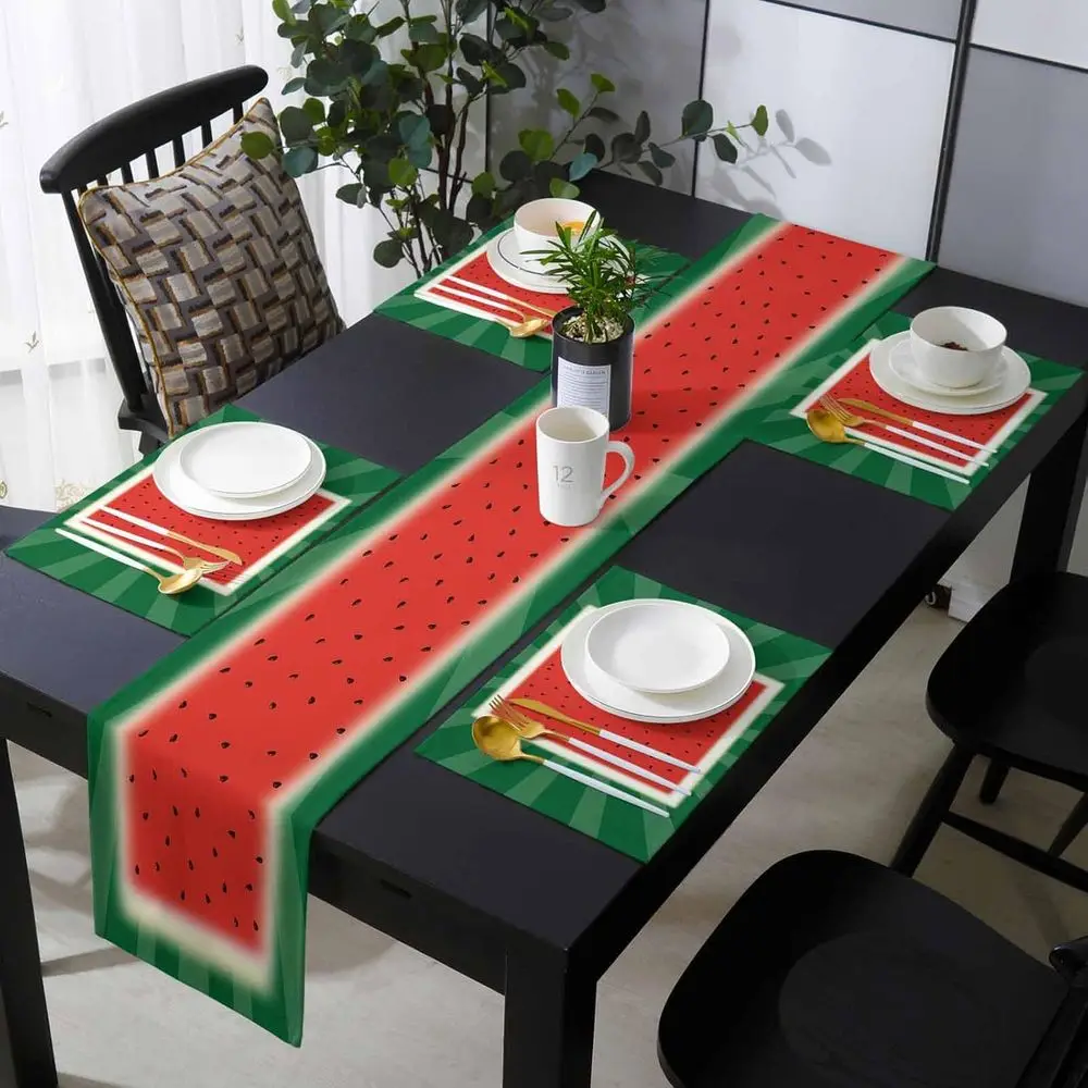 

6-Piece Watermelon Themed Cotton Linen Table Runner and Placemats Set, 70 Inch for Summer Dining Decor