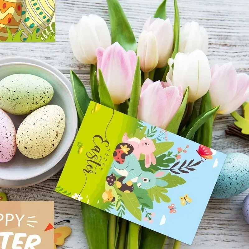 12pc Easter Themed Greeting Card Cute Rabbit Egg Party Invitation Letter Postcard Creative Gift Message Decoration Blessing Card