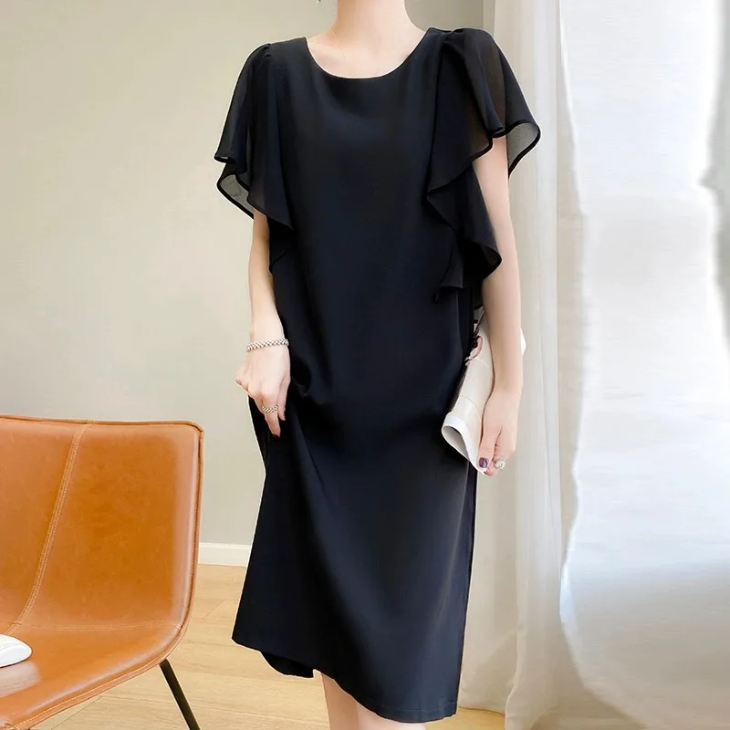 فستان نسائي صيفي 2025 فضفاض للتنحيف ort Sve Dr Bla من الساتان على شكل حرف a تنورة خل الأم قابلة للتنقل