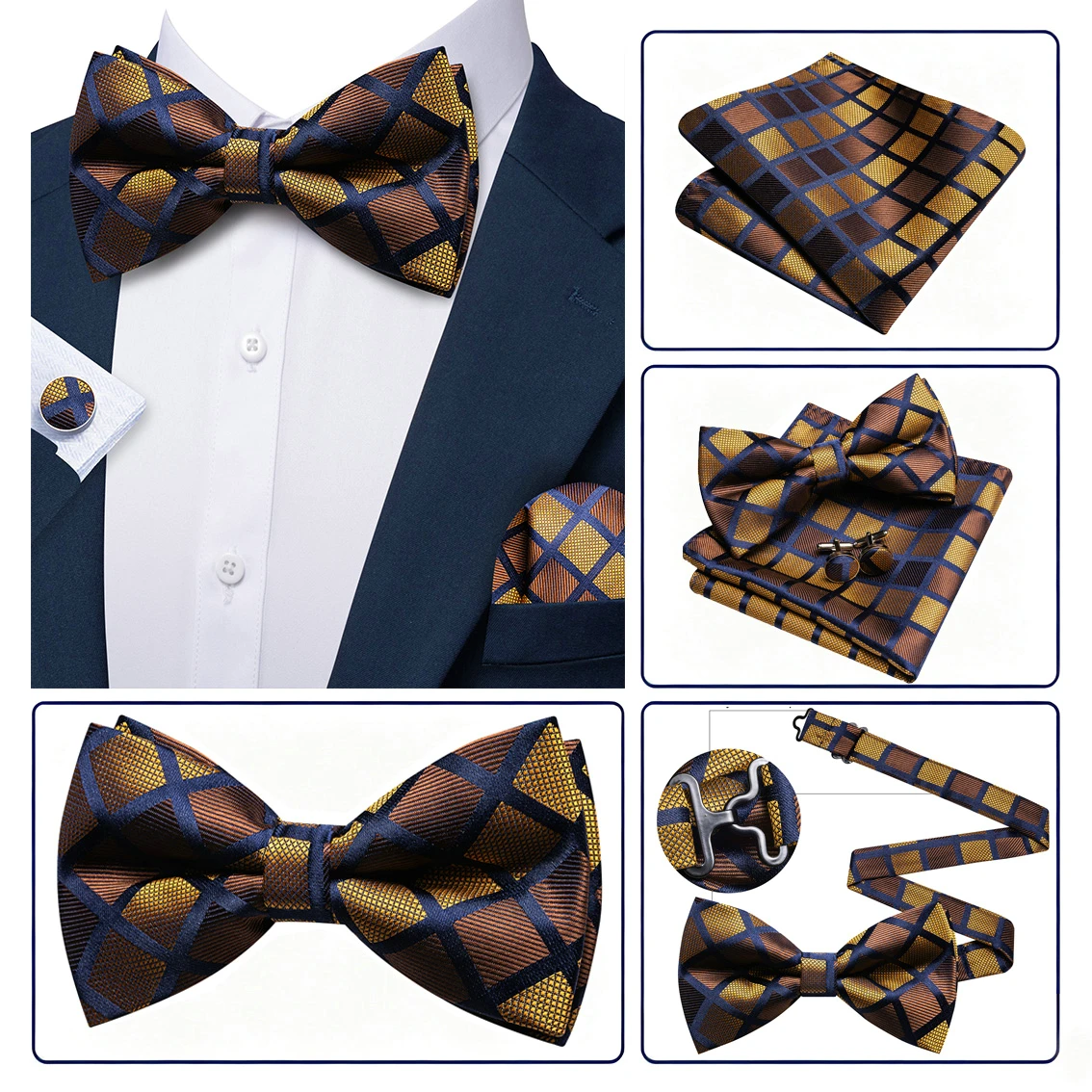 VERVEROW Mens Plaids Woven Bow Tie Set Pre‑tied with Matching Pocket Square Formal Suit Accessories for Wedding Groom Party Prom