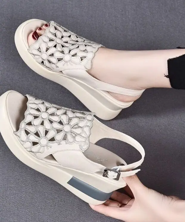 Summer Wedge Shoes for Women Sandals Open Toe Platform Hollow Flowers Retro Lady High Heel Buckle Strap Casual Female Sandalias