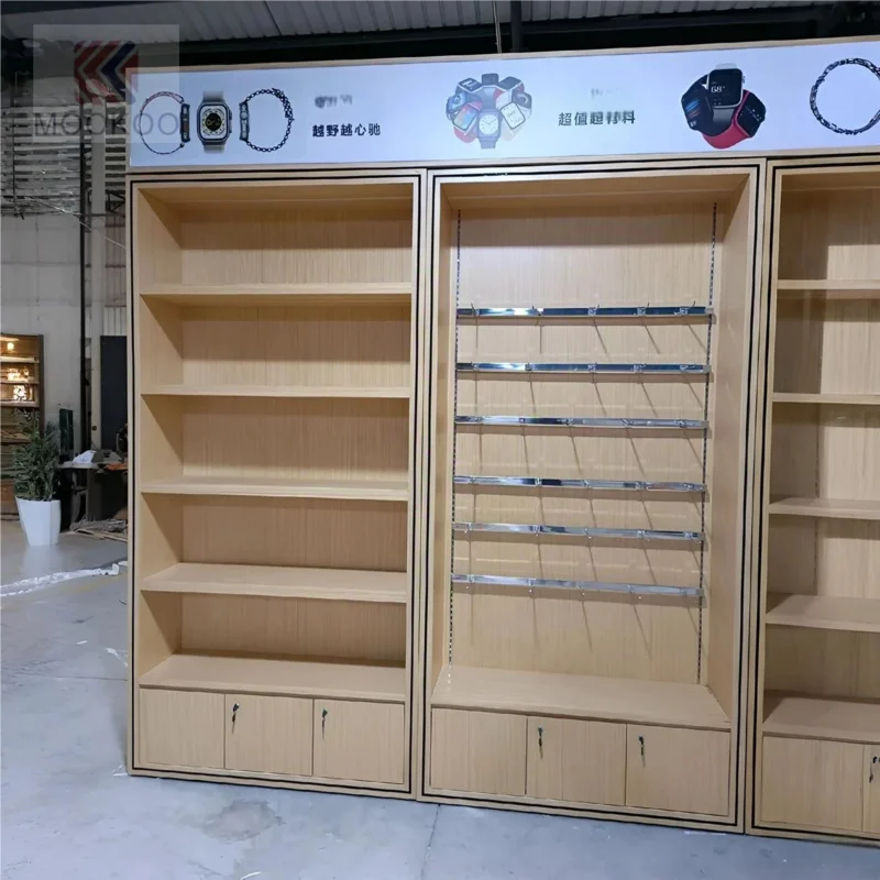 custom.Mobile Phone Shop Display Cabinet Wall Mounted Display Mobile Electronic Parts Steel Wood Shelf Display Stand view 5