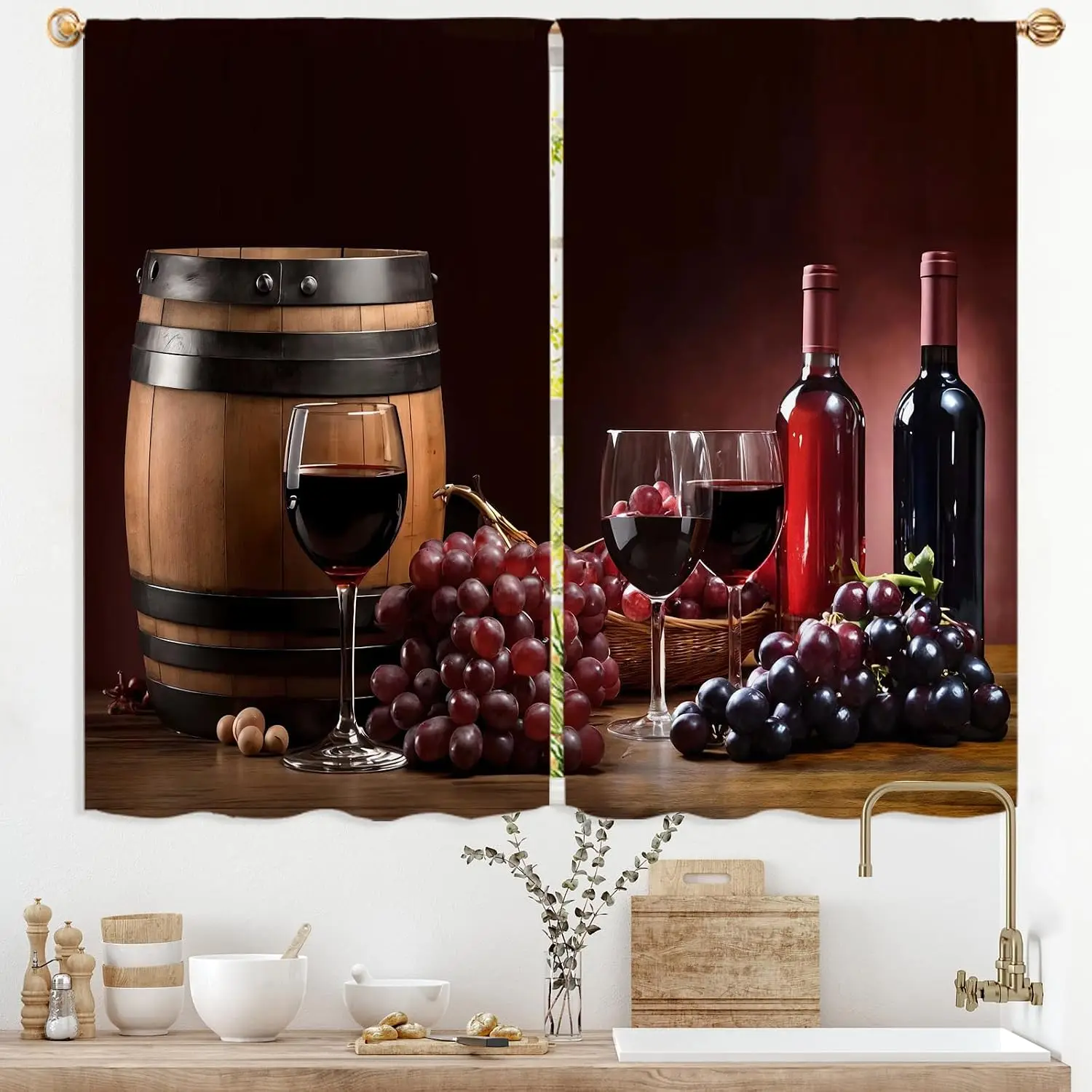 High Definition 2pcs Wine Barrel Grape Curtain Set Vineyard Theme Luxury Decor Panel for Kitchen Dining Room Window