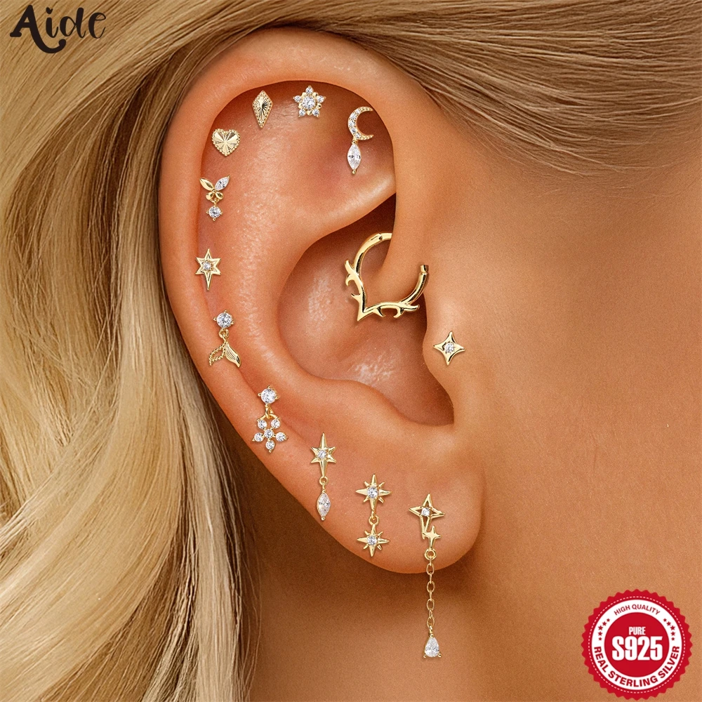 

Aide S925 Sterling Silver CZ Piercing Earring Celestial Star/Moon/Heart Cartilage Studs & Hoops for Women Ear Stacking Jewelry
