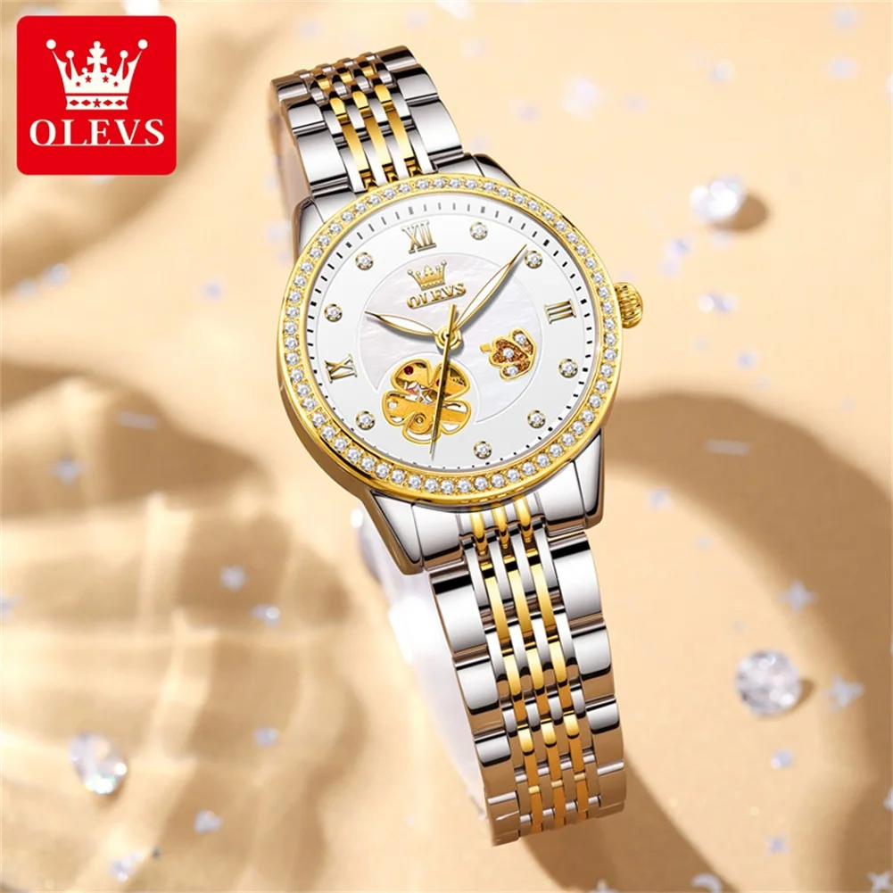 OLEVS 6706 New Diamond Luxury Automatic Wrist Watch Hollow Original Mechanical Watch For Women Roman Scale Waterproof Hand Clock