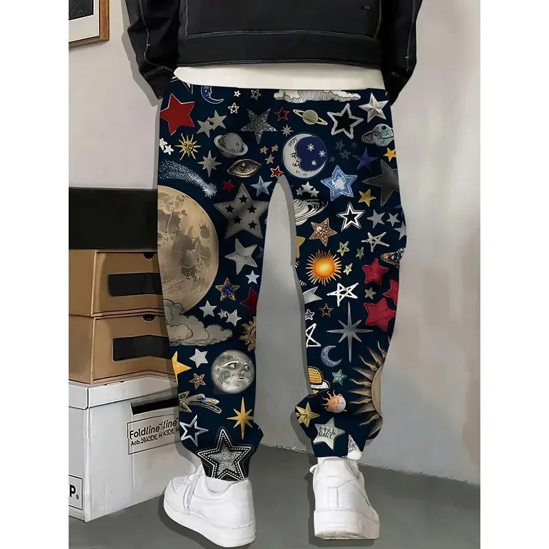 2026 Men 3D Space Galaxy Star Moon Print Sweatpants Drawstring Pocket Casual Comfortable Sports Trousers Home Pajama Pants